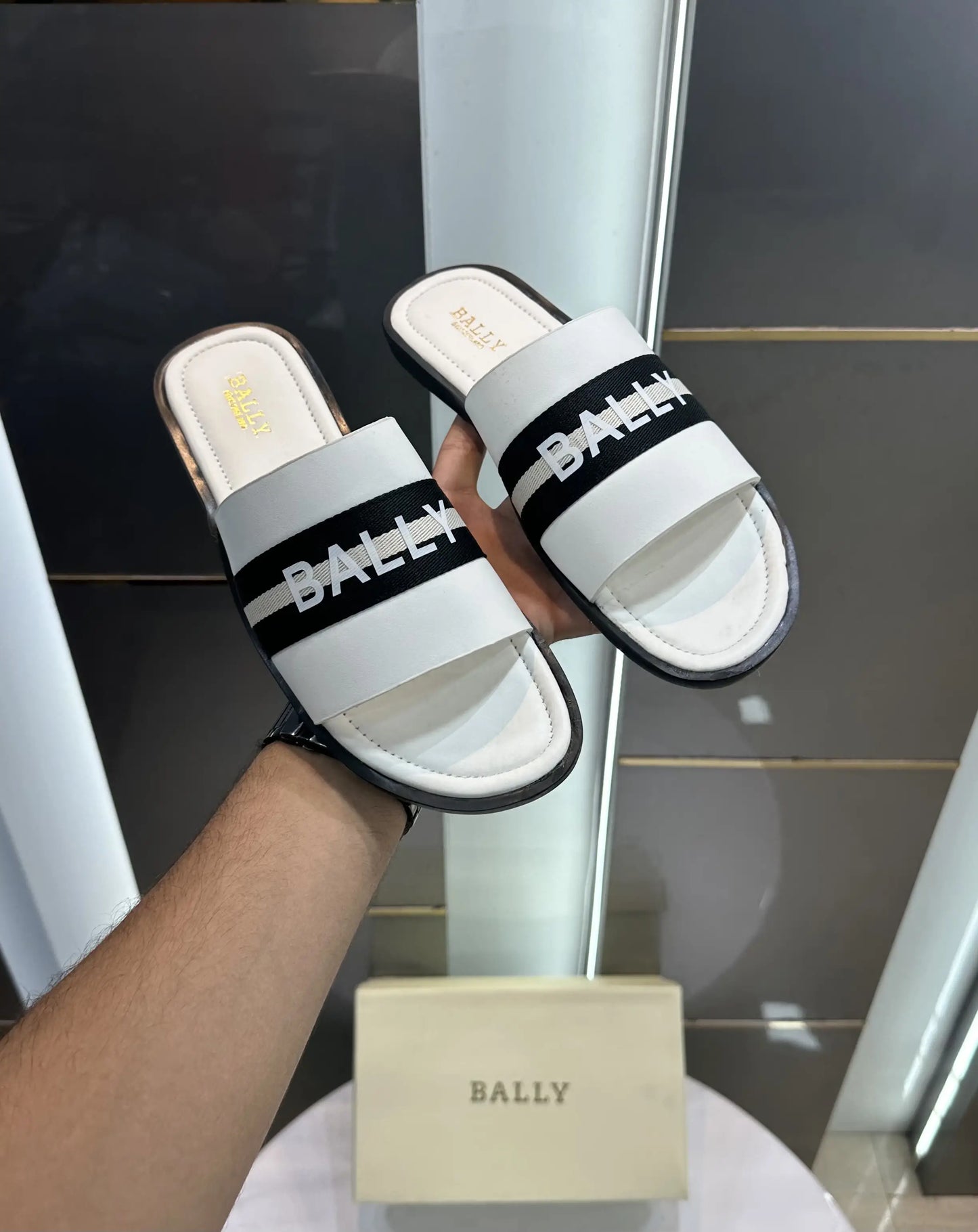 Bally Premium White Black Slide For Men