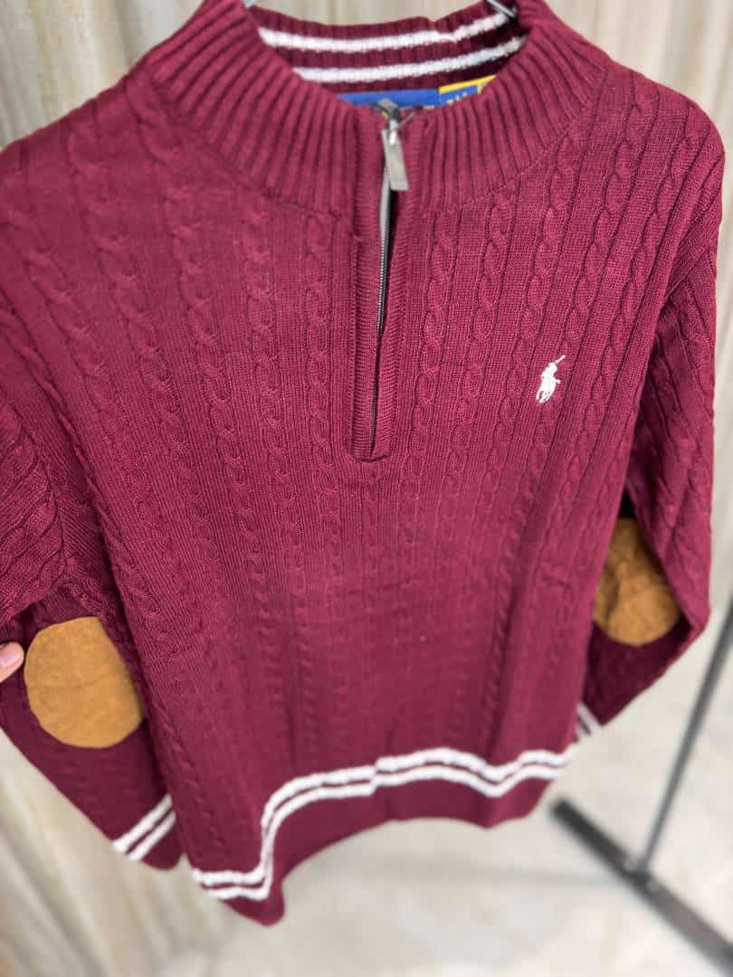 MAROON POLO RALPH LAURE_N CABLE KNIT QUARTER ZIP PREMIUM SWEATER