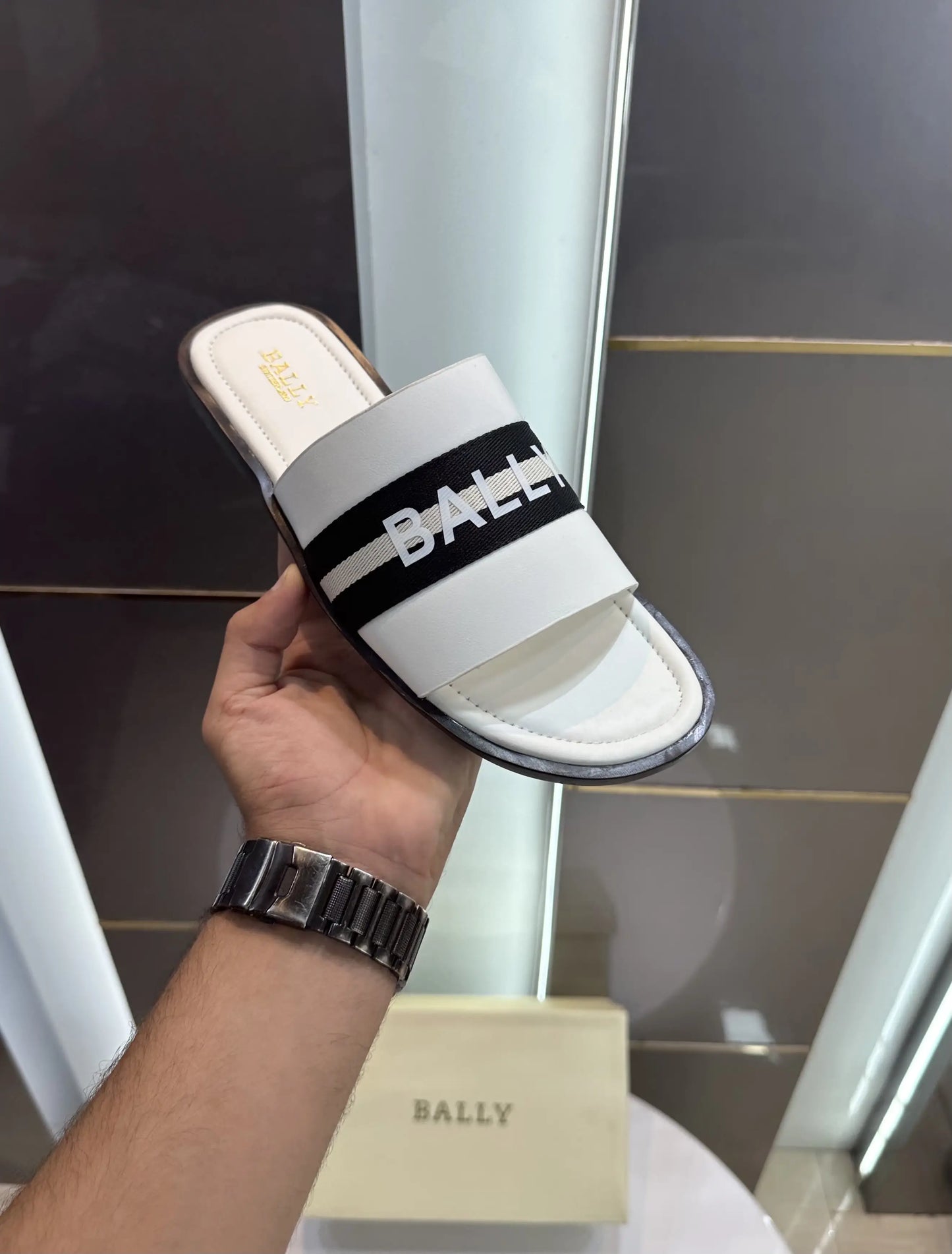 Bally Premium White Black Slide For Men