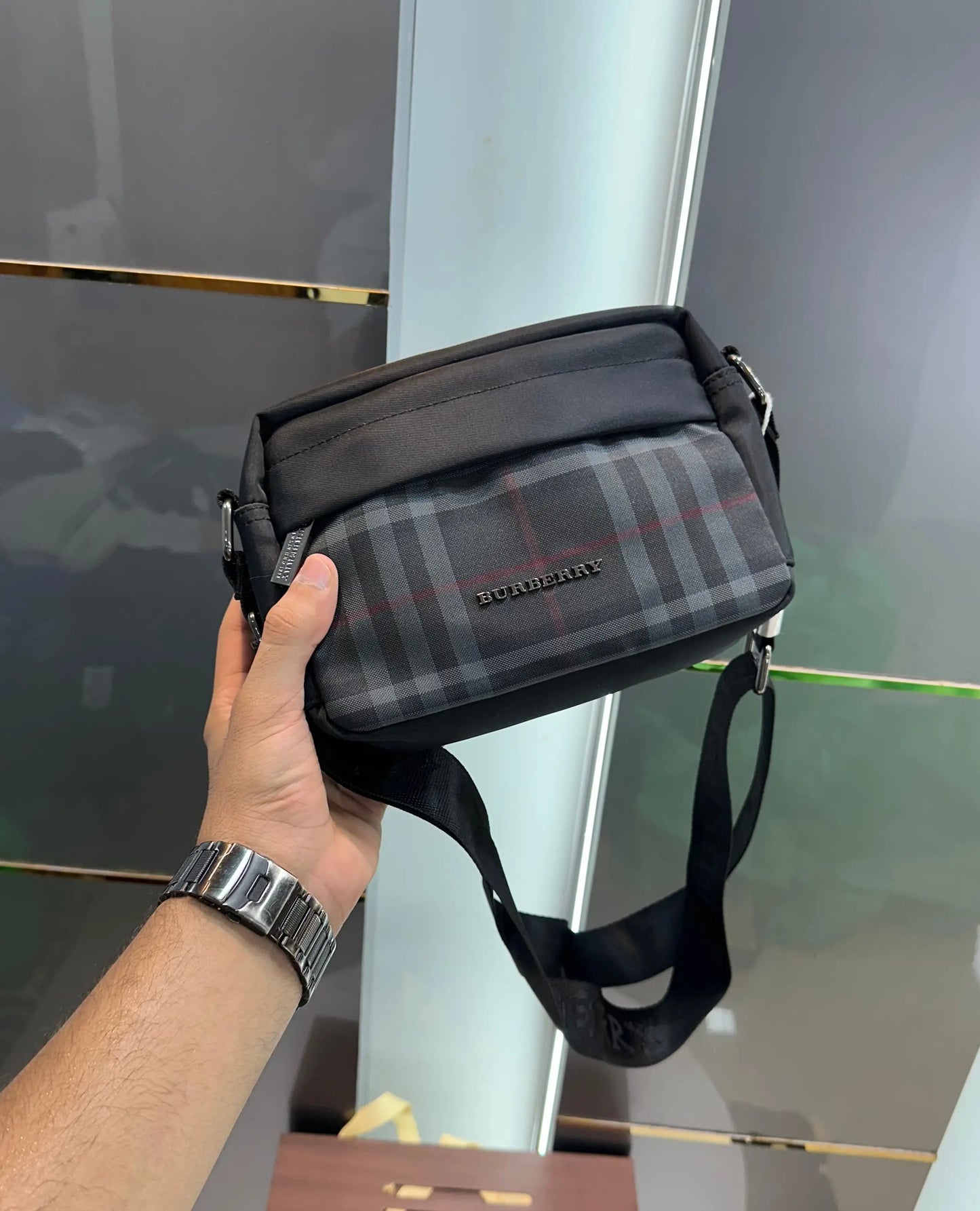 Burberr y Black Grey Premium Cross Body Bag With Magnetic Box
