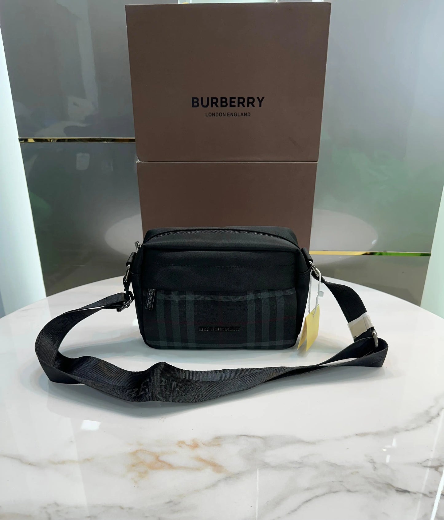 Burberr y Black Grey Premium Cross Body Bag With Magnetic Box