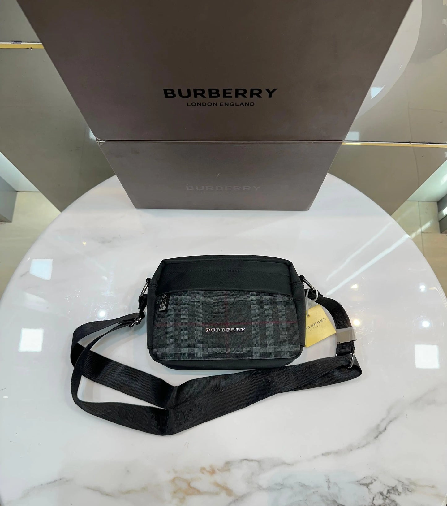 Burberr y Black Grey Premium Cross Body Bag With Magnetic Box