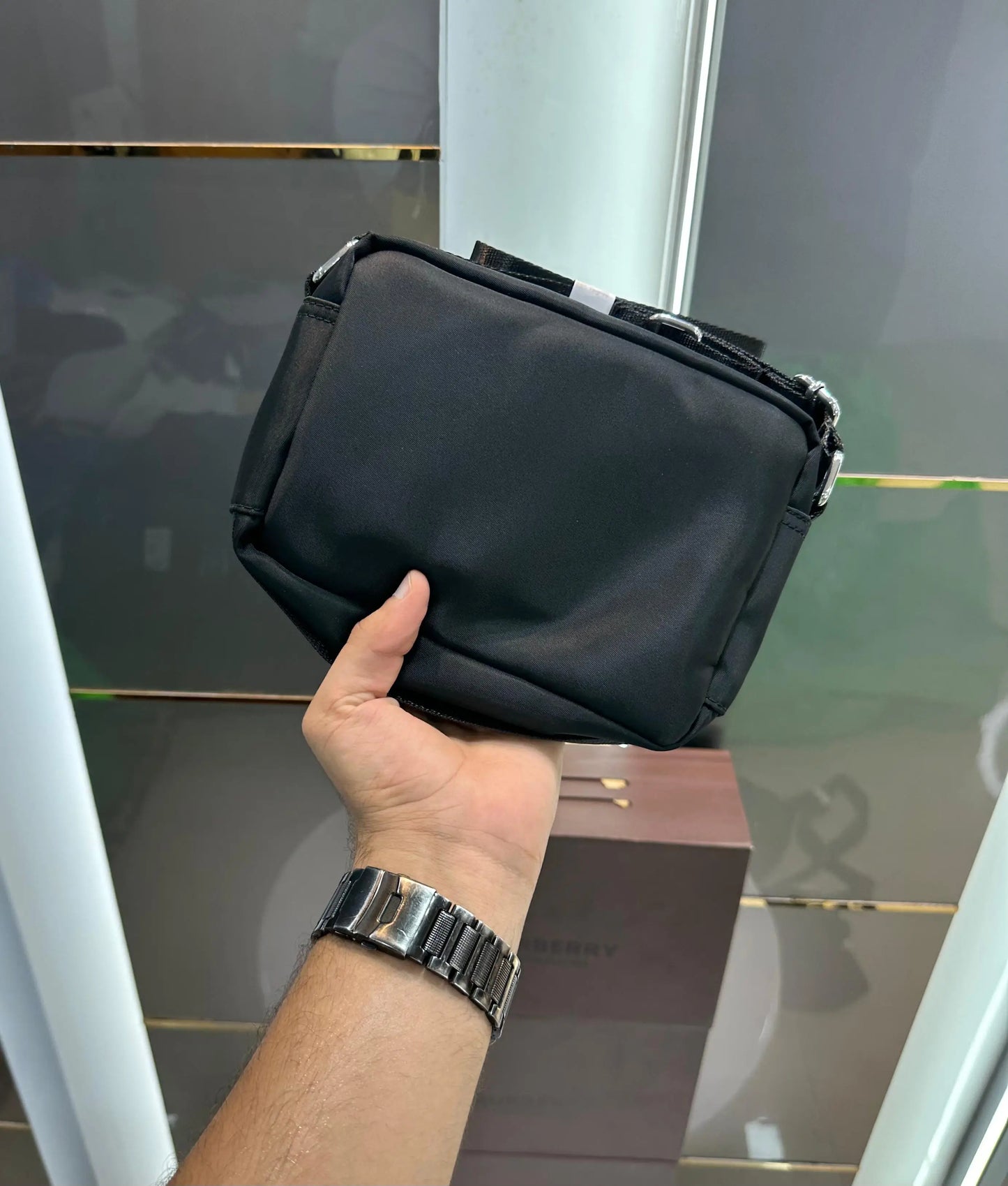 Burberr y Black Grey Premium Cross Body Bag With Magnetic Box