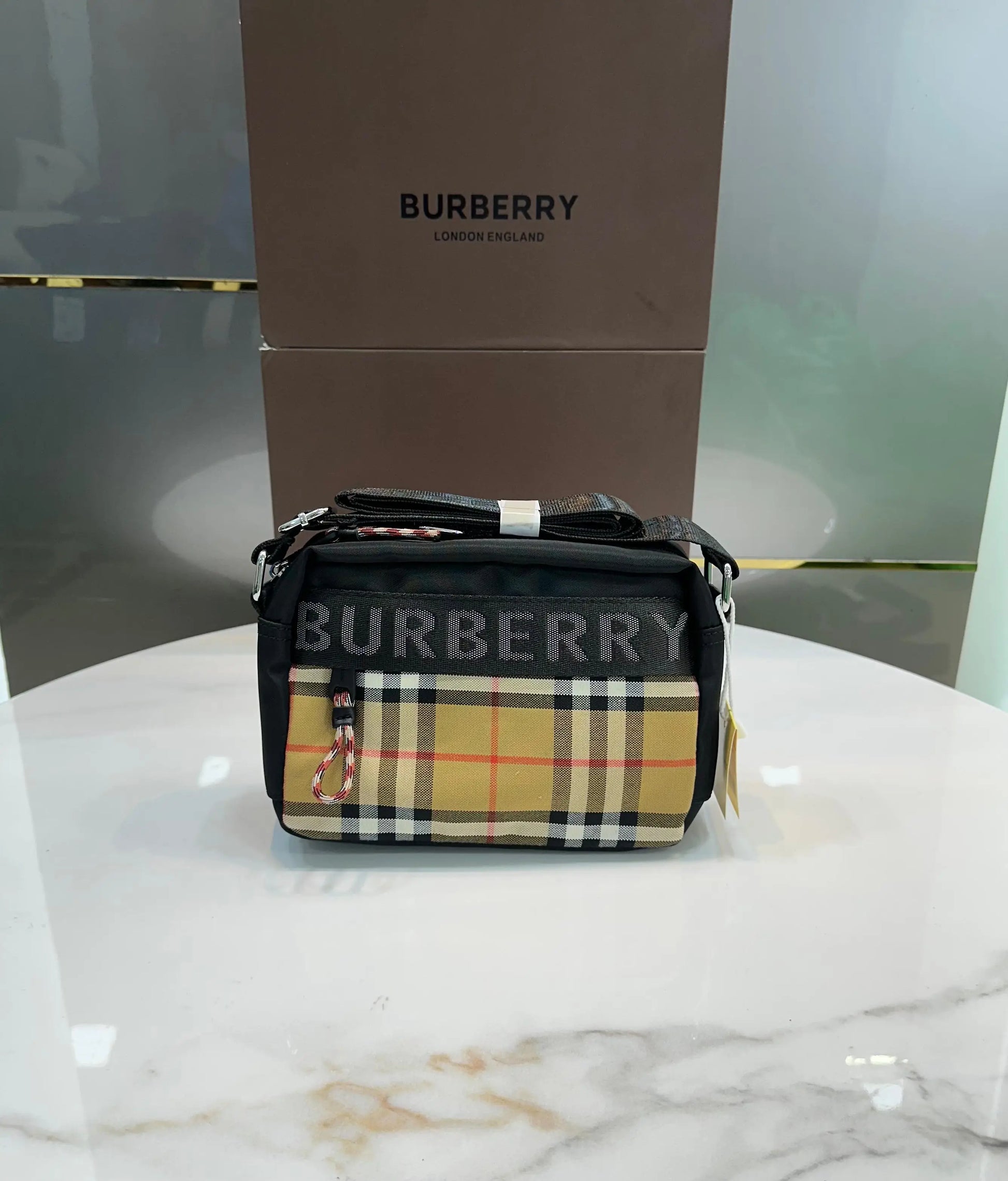 Burberr y Black Beige Premium Cross Body Bag With Magnetic Box